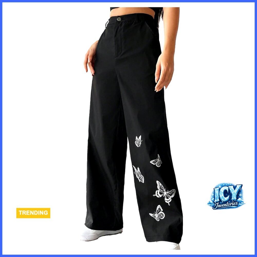 Polyester Wide Leg Pants Butterfly Print High Waisted Casual Trousers